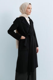 Belted Cashmere Coat with Patch Pockets - Black
