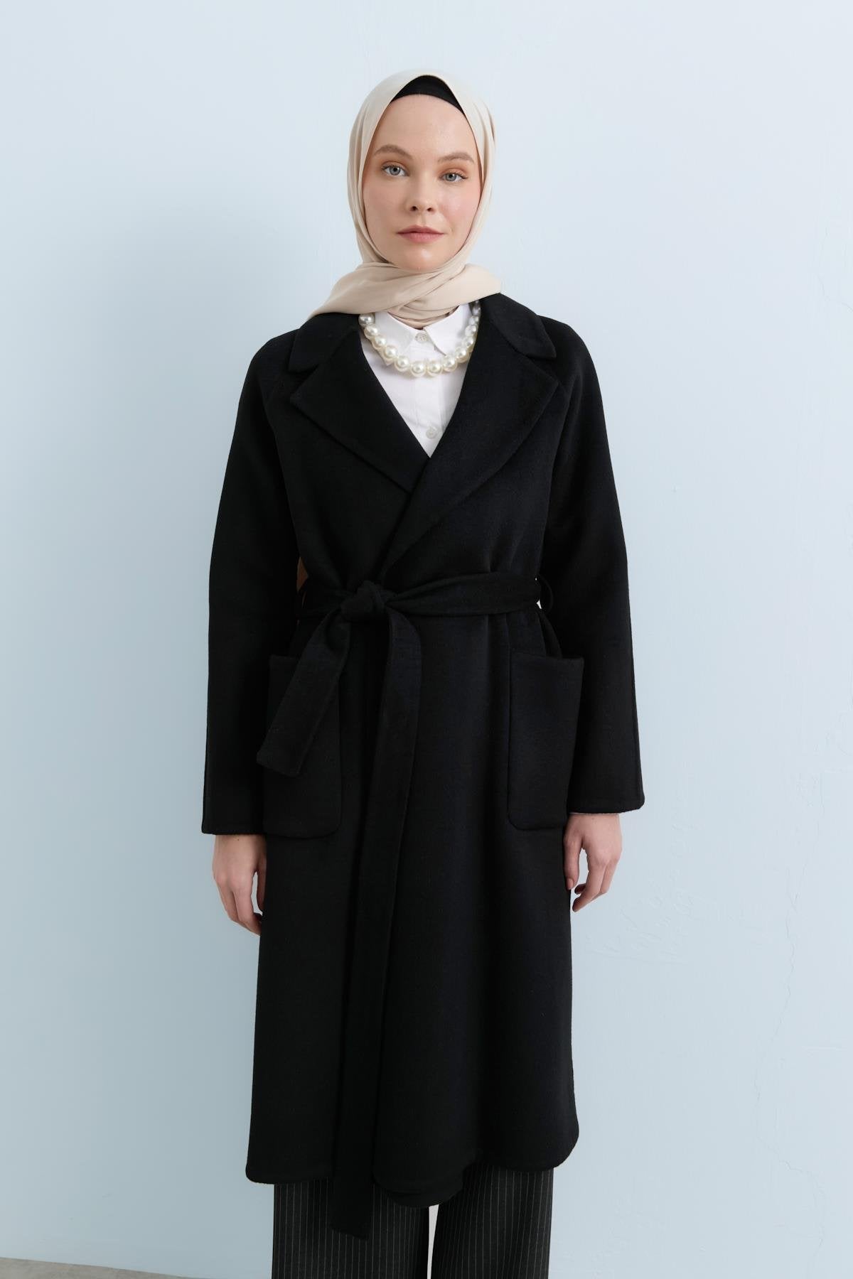 Belted Cashmere Coat with Patch Pockets - Black