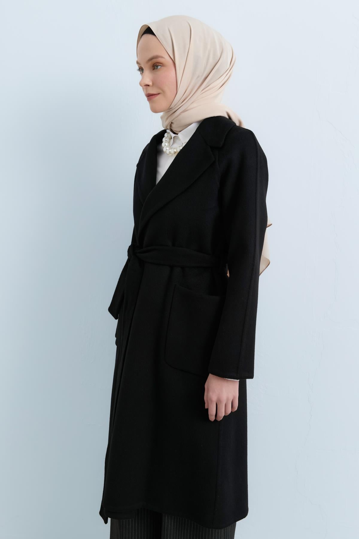Belted Cashmere Coat with Patch Pockets - Black