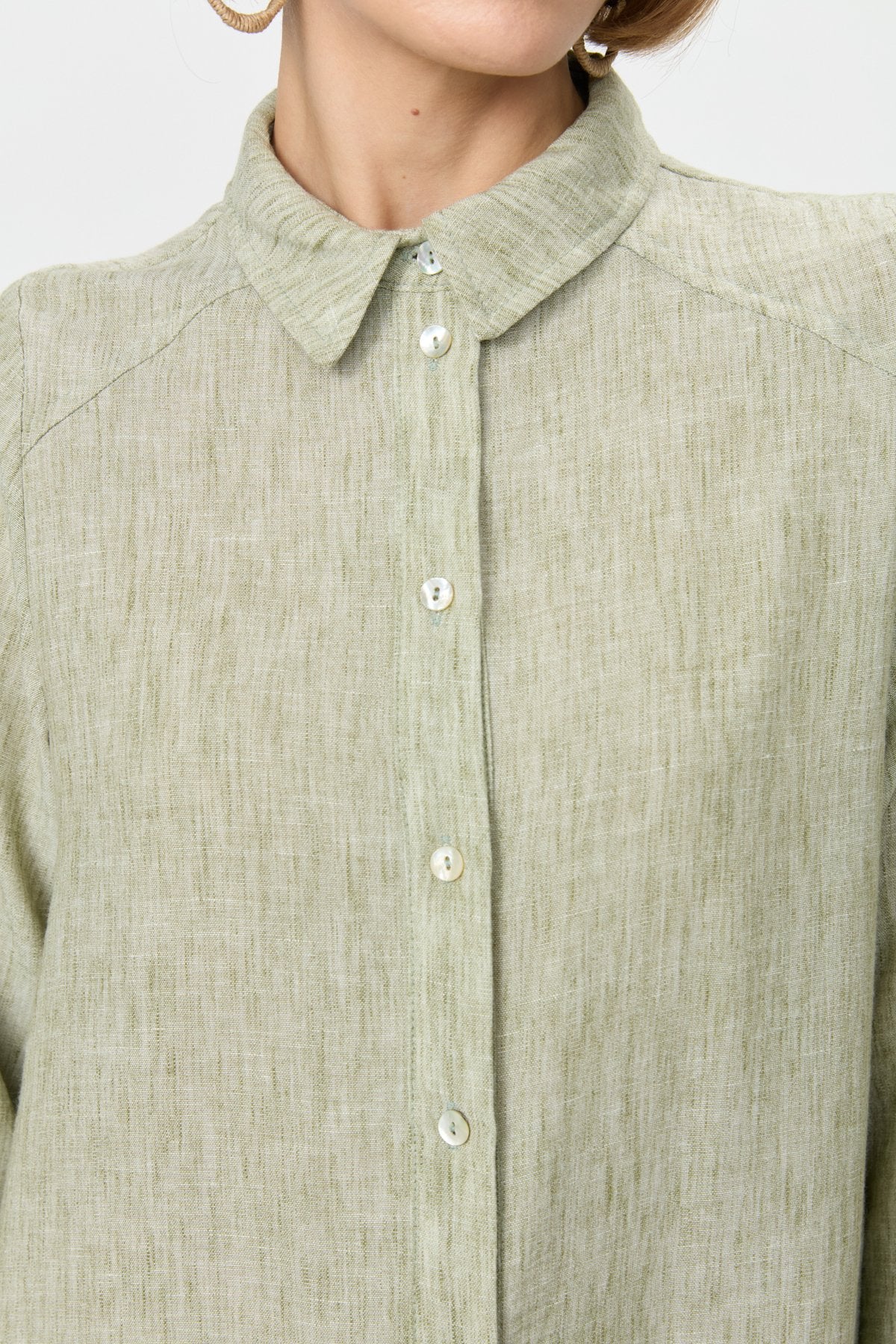 Eyelet Detail Shirt Collar Linen-Look Tunic - Khaki