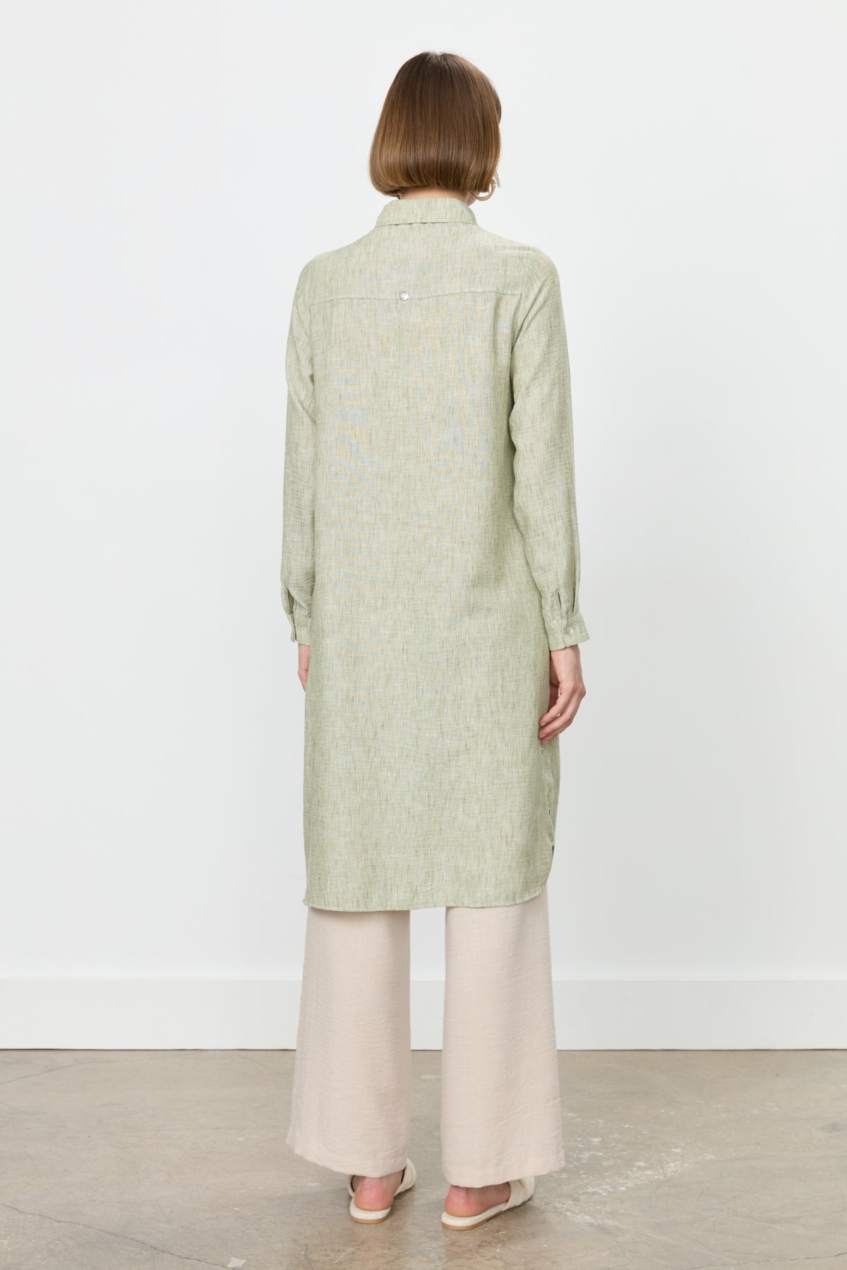 Eyelet Detail Shirt Collar Linen-Look Tunic - Khaki
