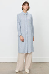 Eyelet Detail Shirt Collar Linen-Look Tunic - Indigo