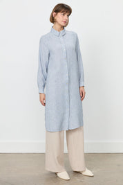 Eyelet Detail Shirt Collar Linen-Look Tunic - Indigo