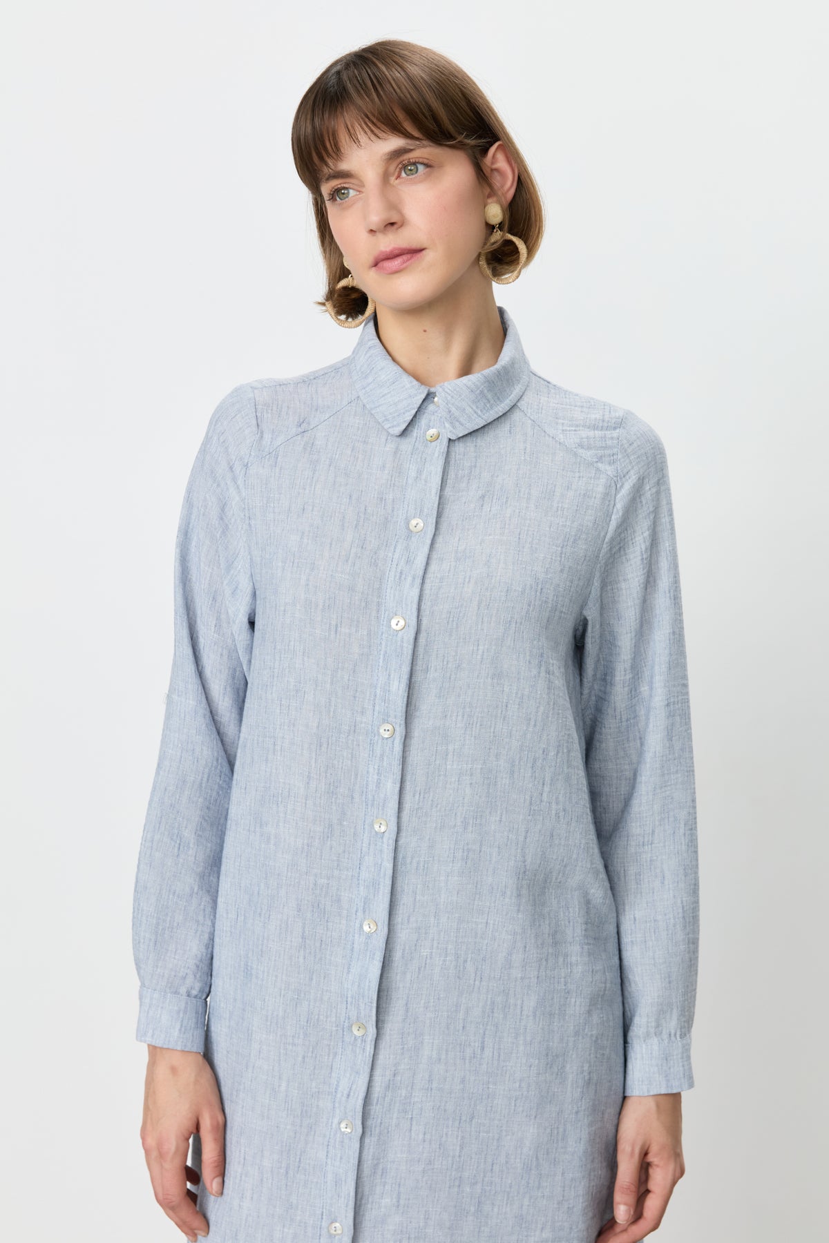 Eyelet Detail Shirt Collar Linen-Look Tunic - Indigo