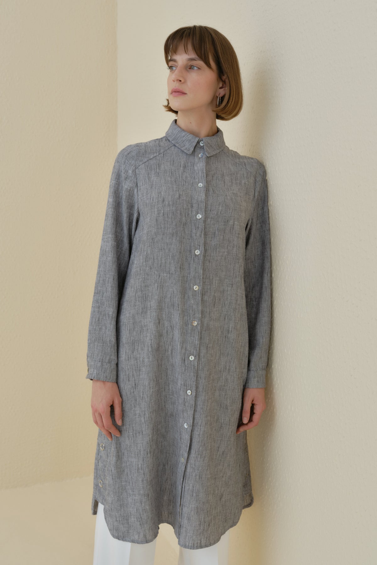 Eyelet Detail Shirt Collar Linen-Look Tunic - Black