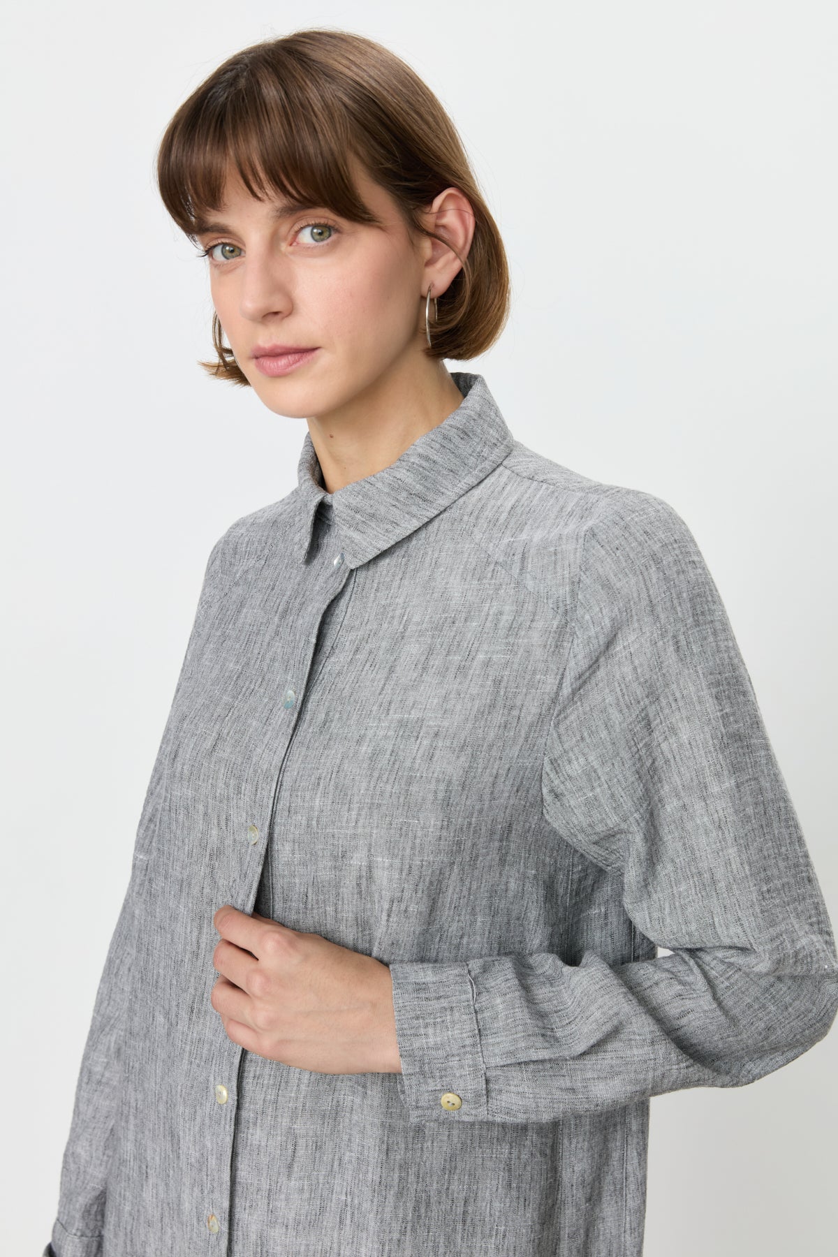 Eyelet Detail Shirt Collar Linen-Look Tunic - Black