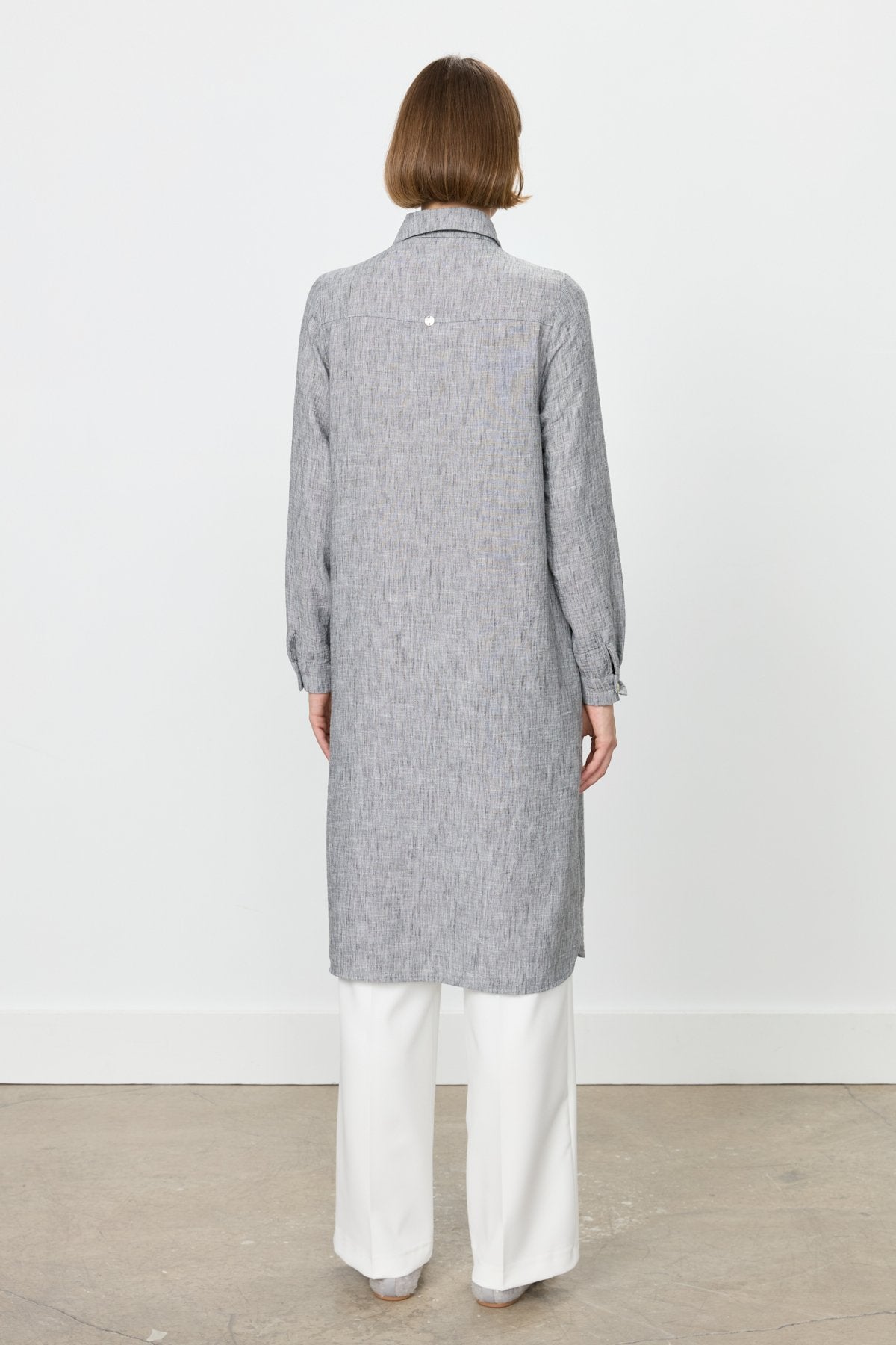 Eyelet Detail Shirt Collar Linen-Look Tunic - Black