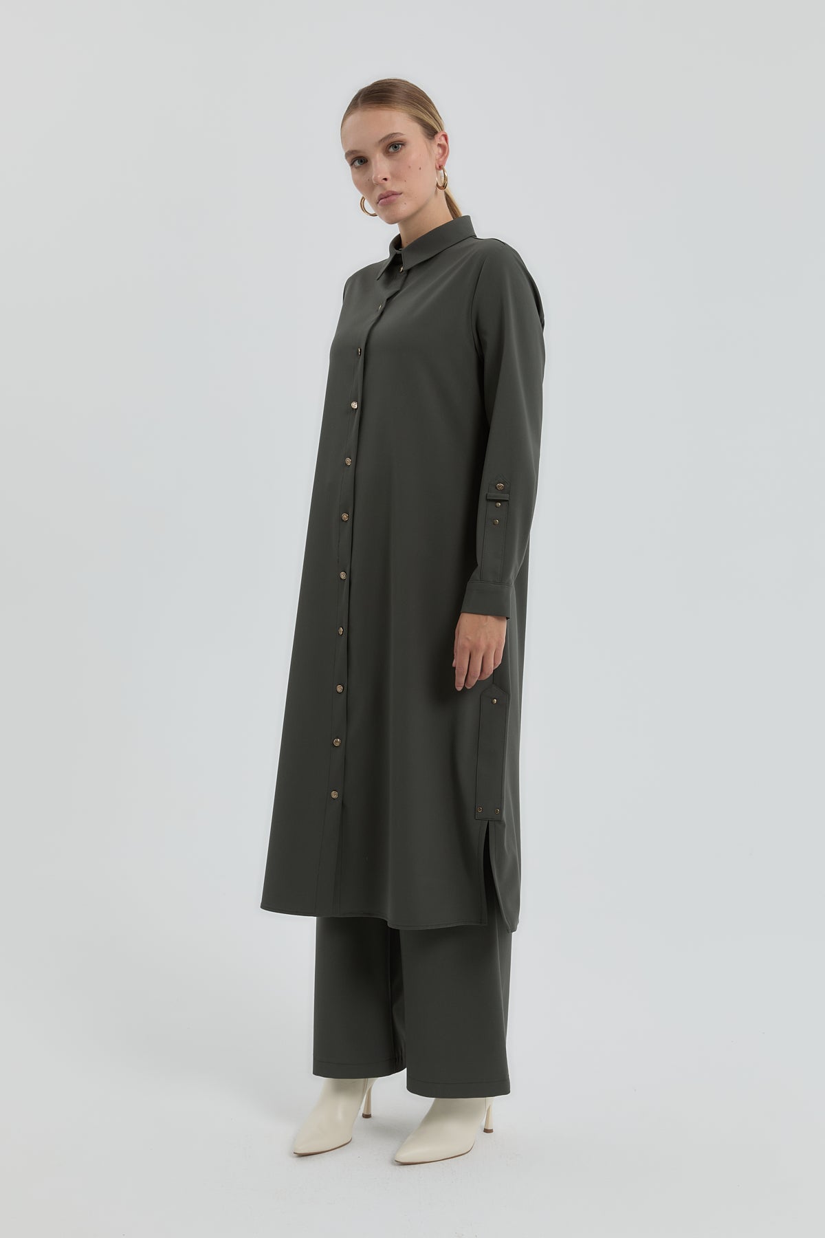 Eyelet Detail Shirt Collar Tunic - Khaki