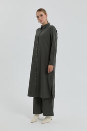 Eyelet Detail Shirt Collar Tunic - Khaki