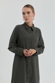 Eyelet Detail Shirt Collar Tunic - Khaki