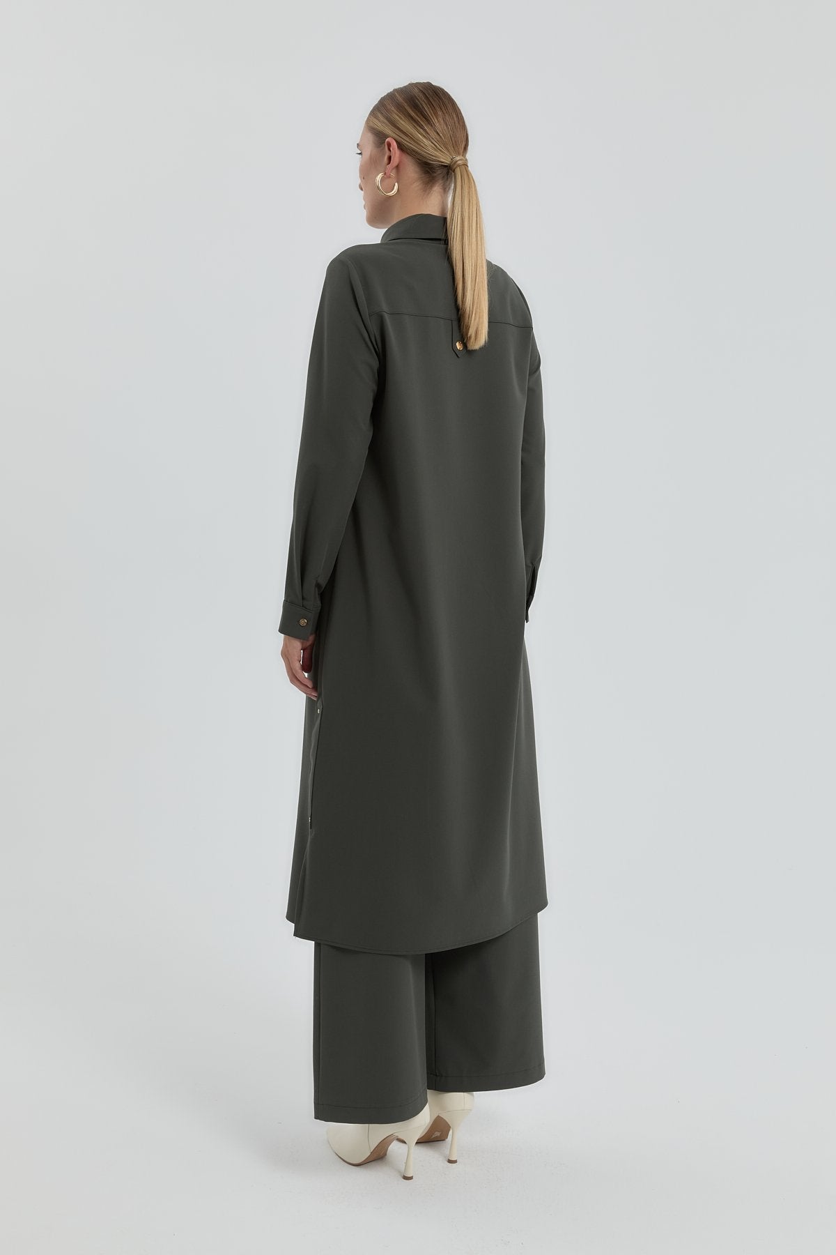 Eyelet Detail Shirt Collar Tunic - Khaki