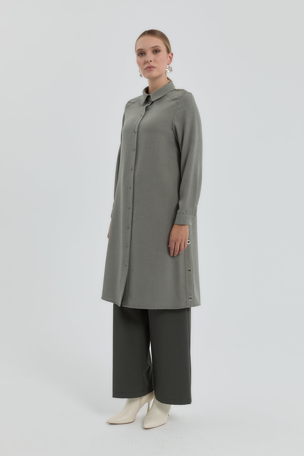 Eyelet Detail Shirt Collar Tunic - Khaki