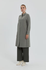 Eyelet Detail Shirt Collar Tunic - Khaki