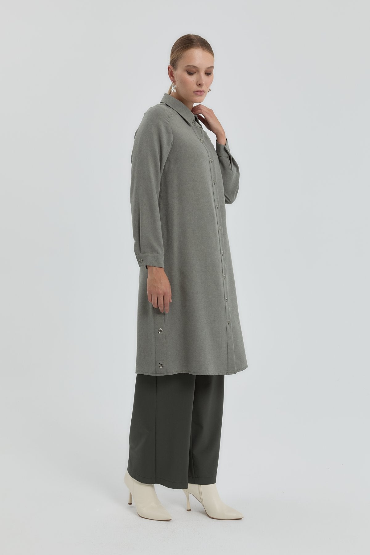 Eyelet Detail Shirt Collar Tunic - Khaki