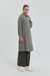 Eyelet Detail Shirt Collar Tunic - Khaki