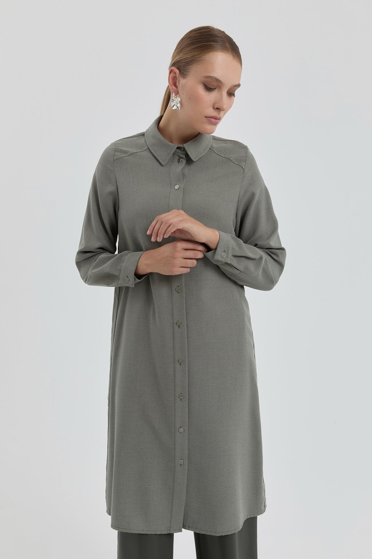 Eyelet Detail Shirt Collar Tunic - Khaki