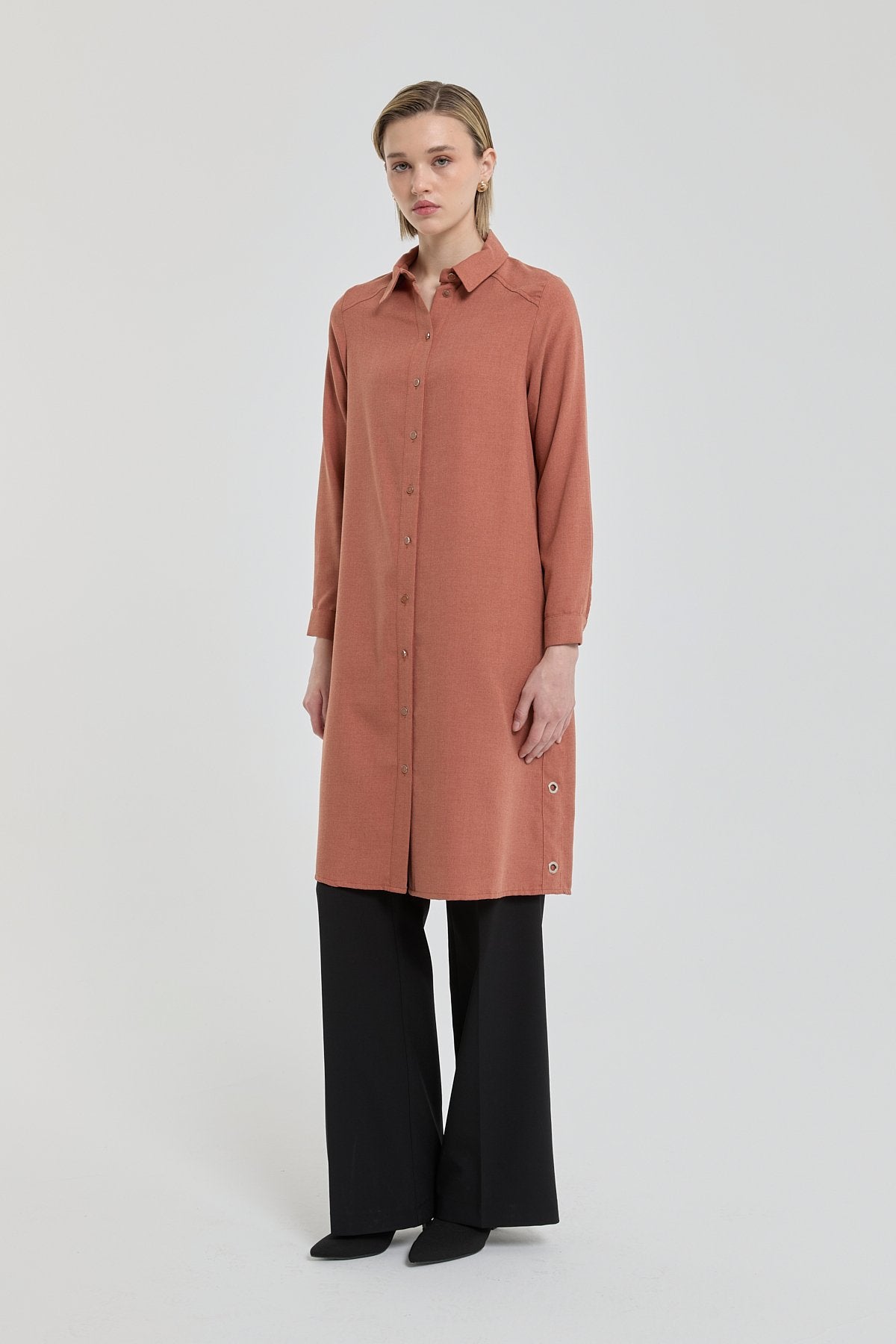 Eyelet Detail Shirt Collar Tunic - Terracotta