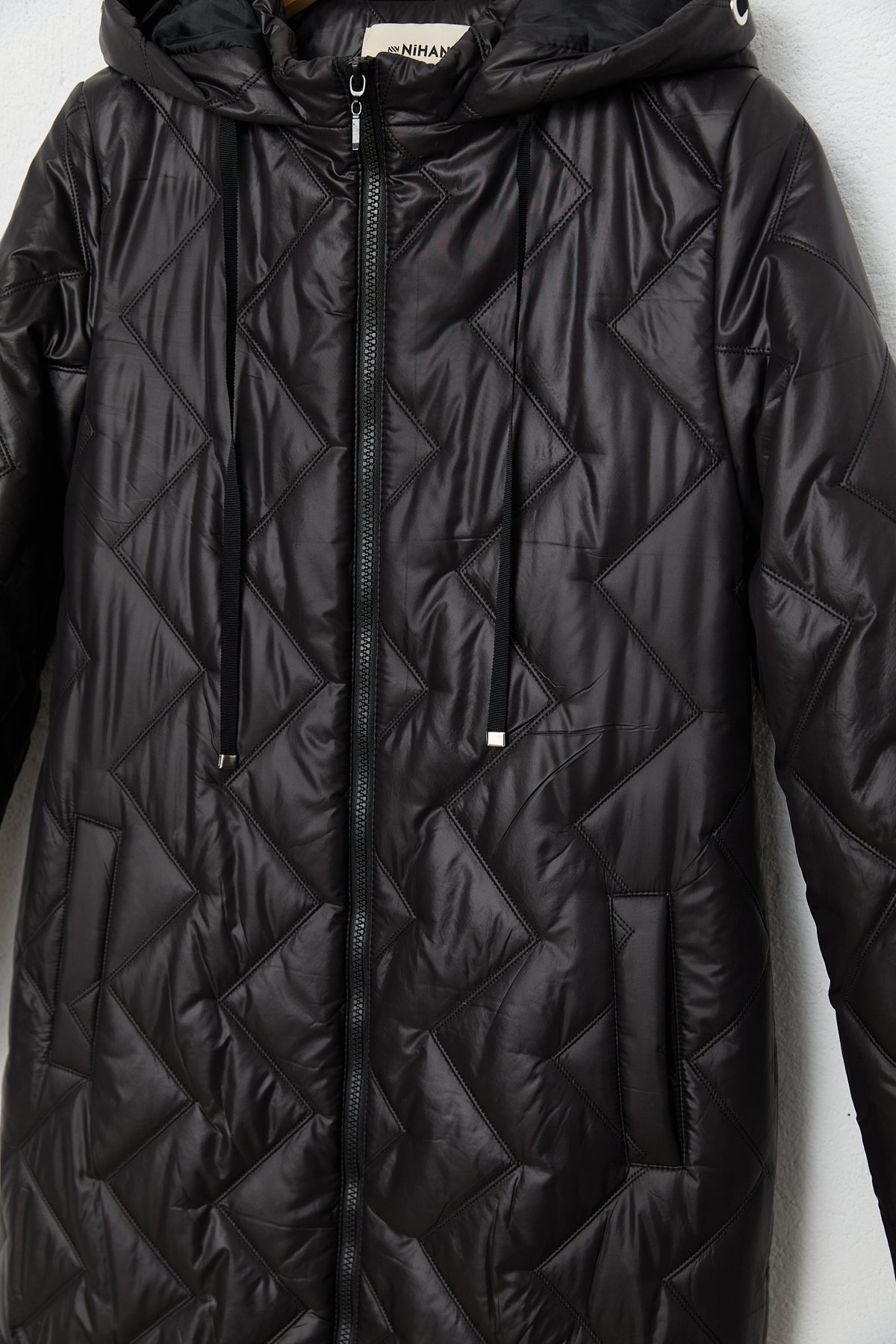 Quilted Coat with Eyelet Detail - Black