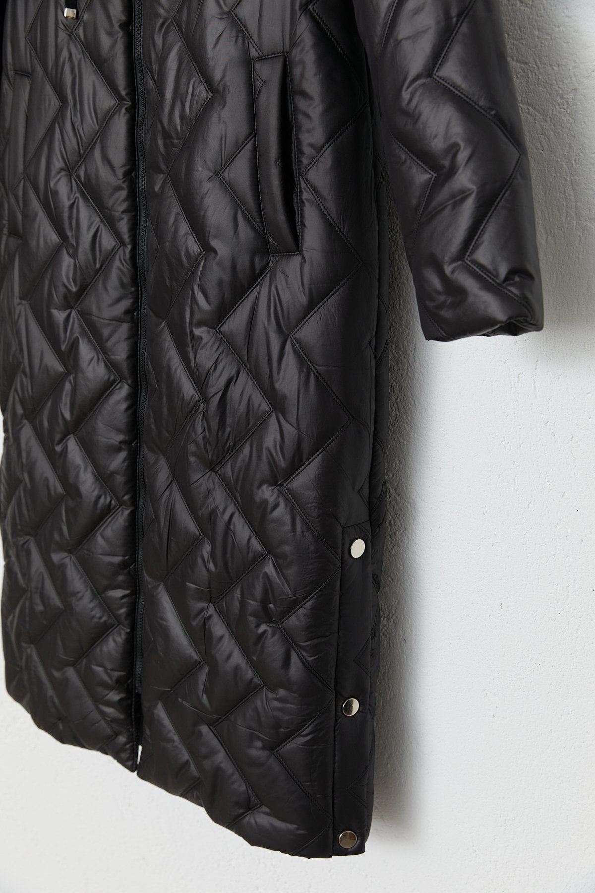 Quilted Coat with Eyelet Detail - Black
