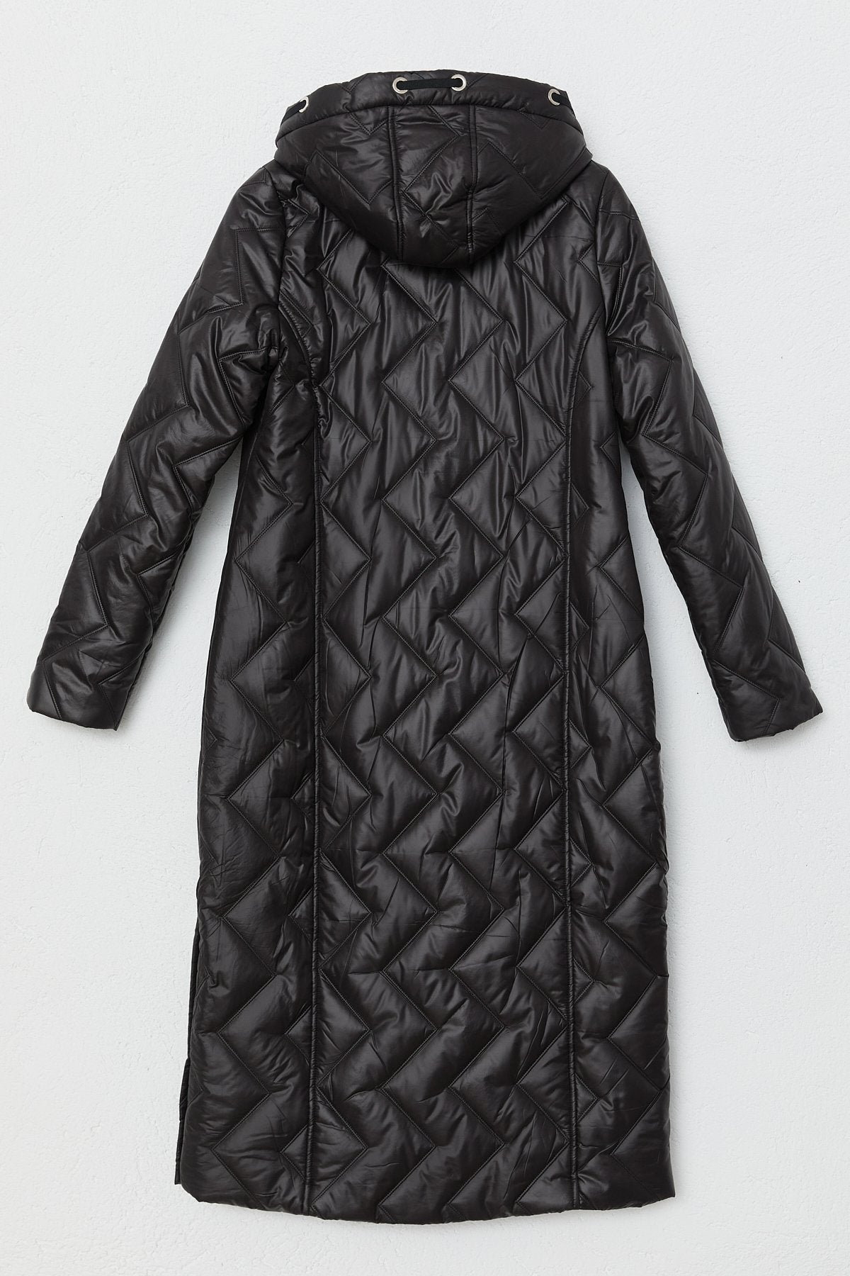 Quilted Coat with Eyelet Detail - Black