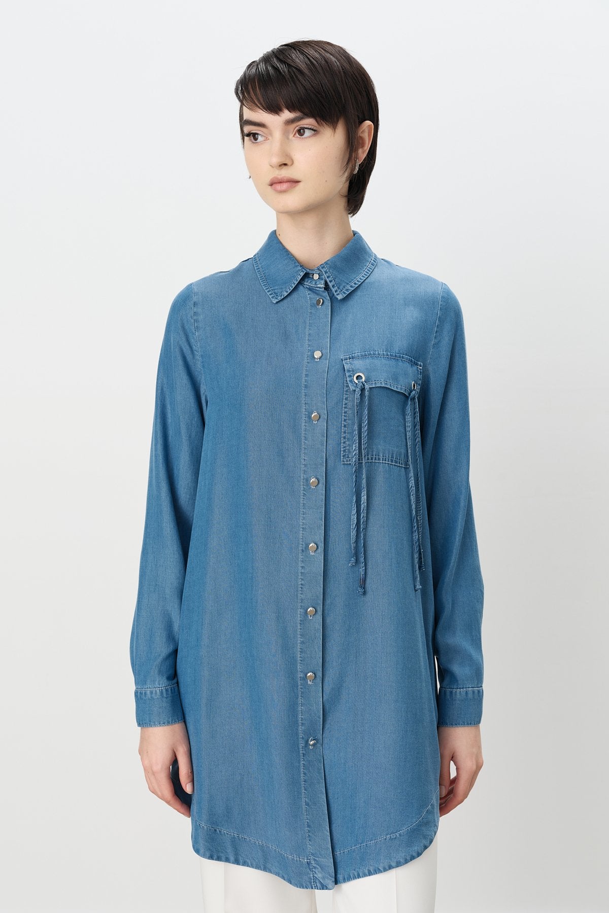 Kuşgözü Detaylı Tencel Tunik - Buz