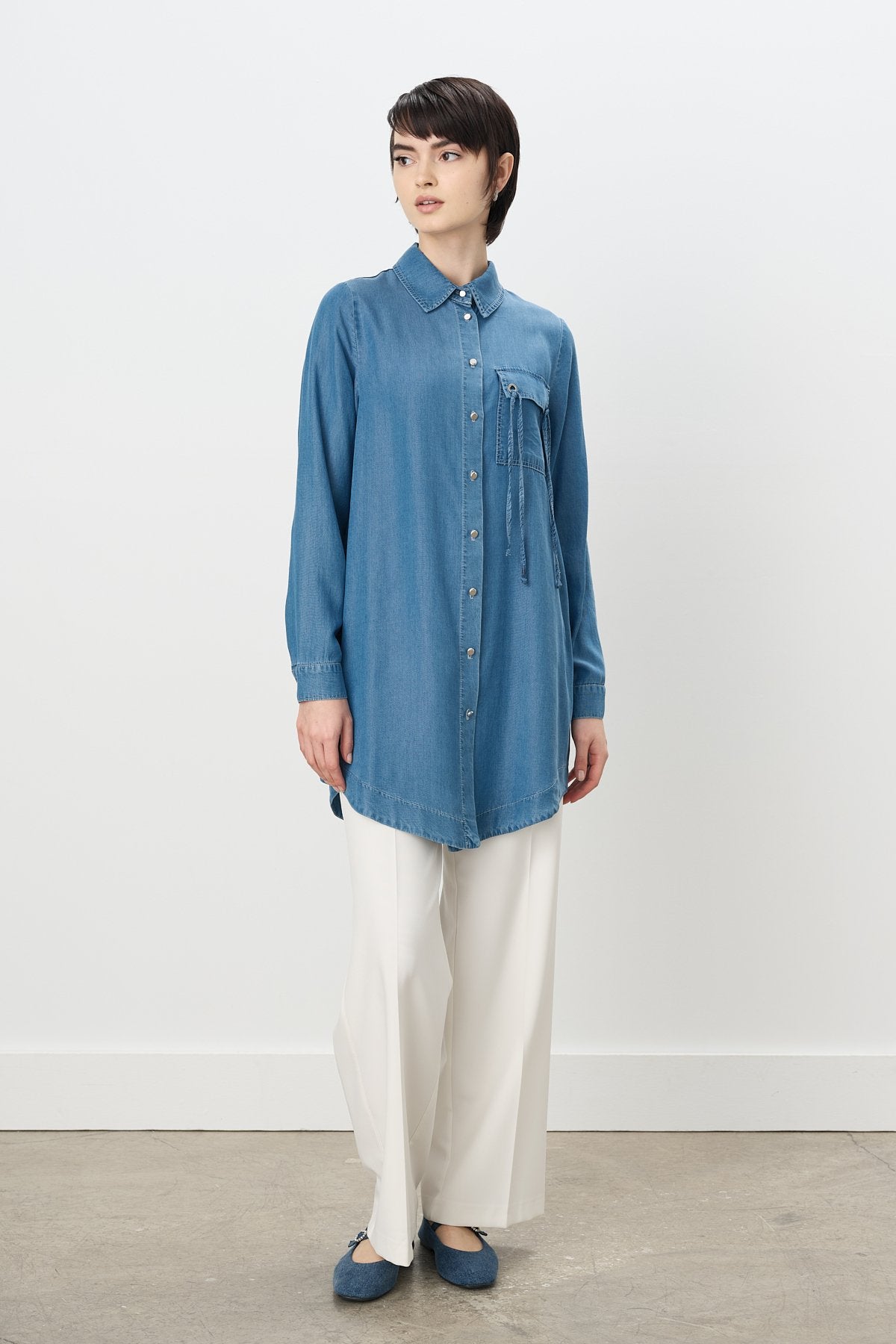 Kuşgözü Detaylı Tencel Tunik - Buz