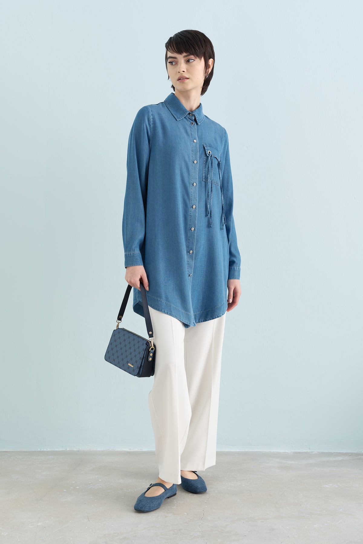 Kuşgözü Detaylı Tencel Tunik - Buz