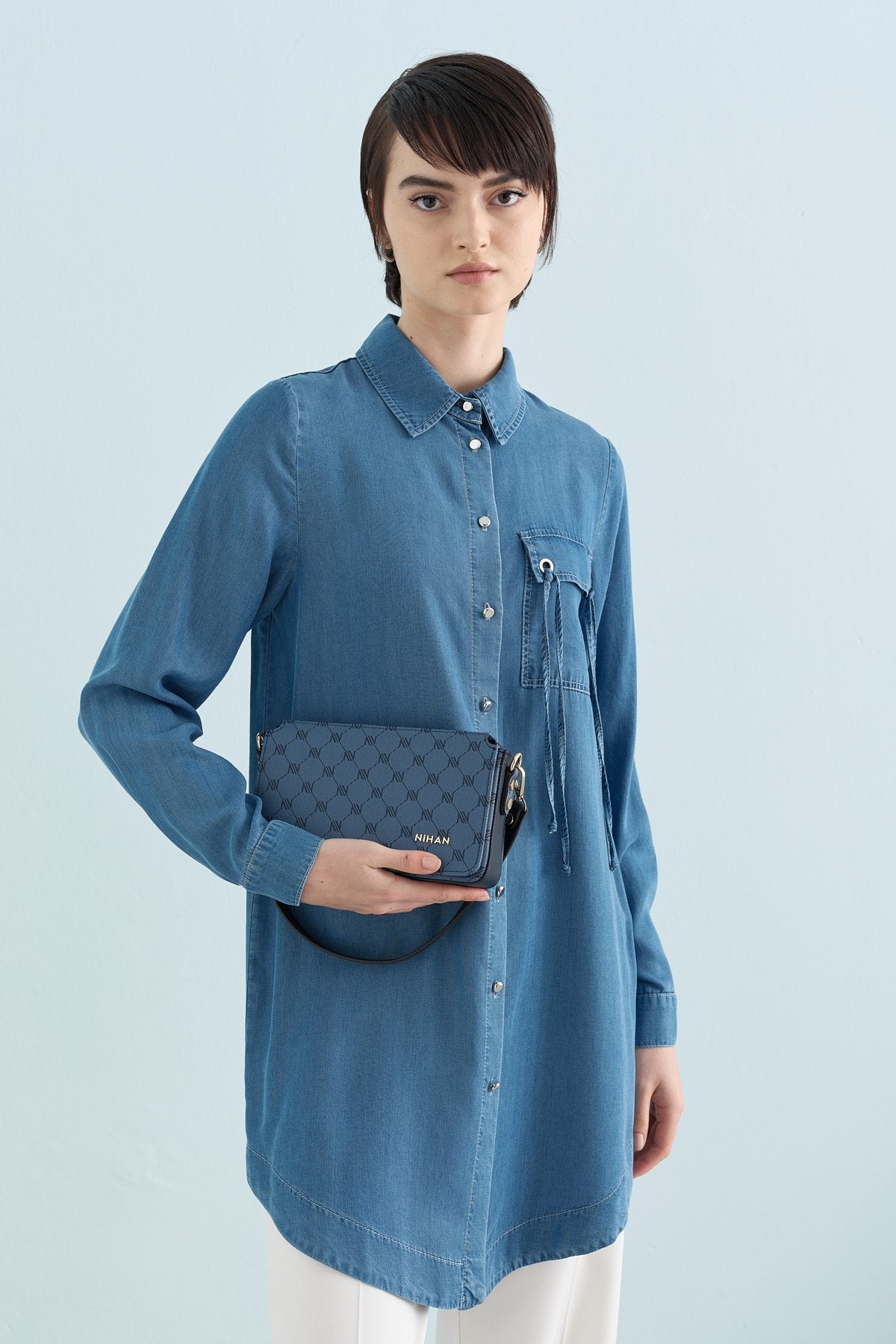 Kuşgözü Detaylı Tencel Tunik - Buz