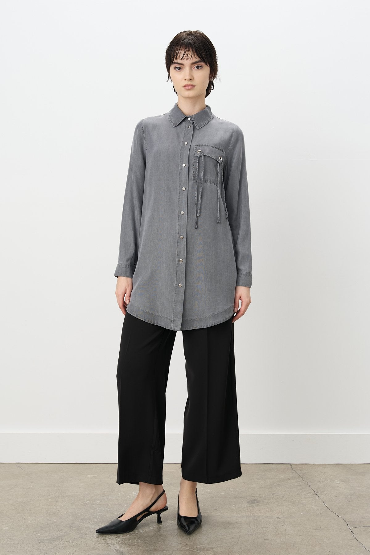 Kuşgözü Detaylı Tencel Tunik - Gri