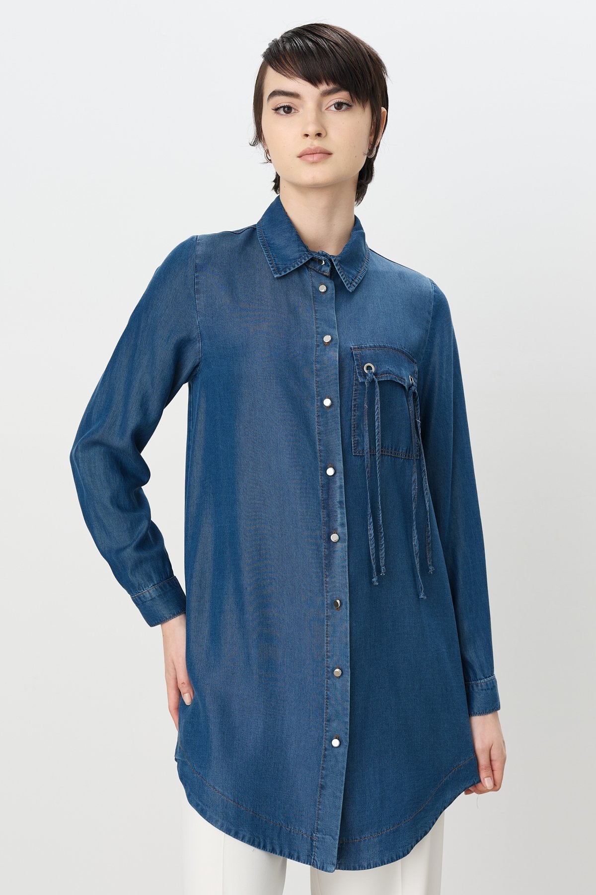 Kuşgözü Detaylı Tencel Tunik - İndigo