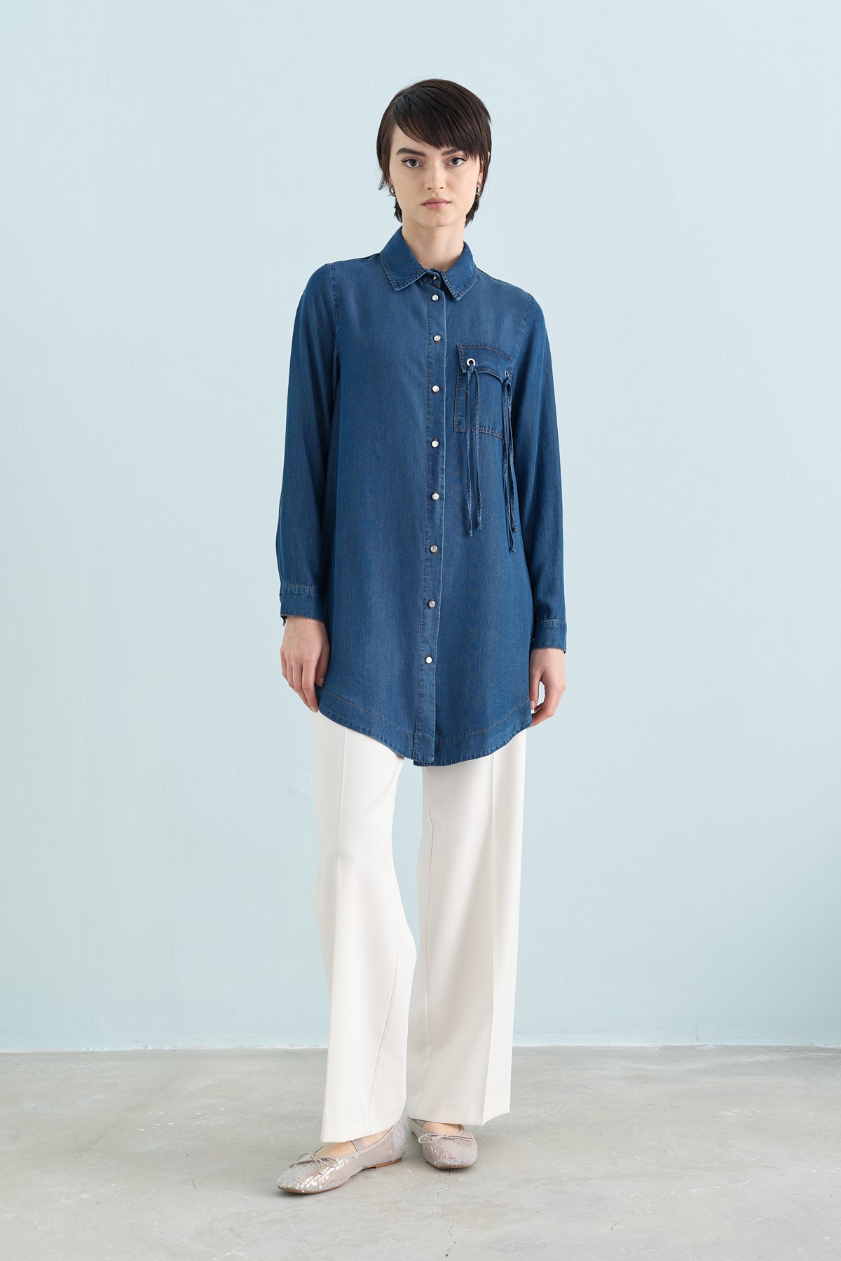 Eyelet Detail Tencel Tunic - Indigo