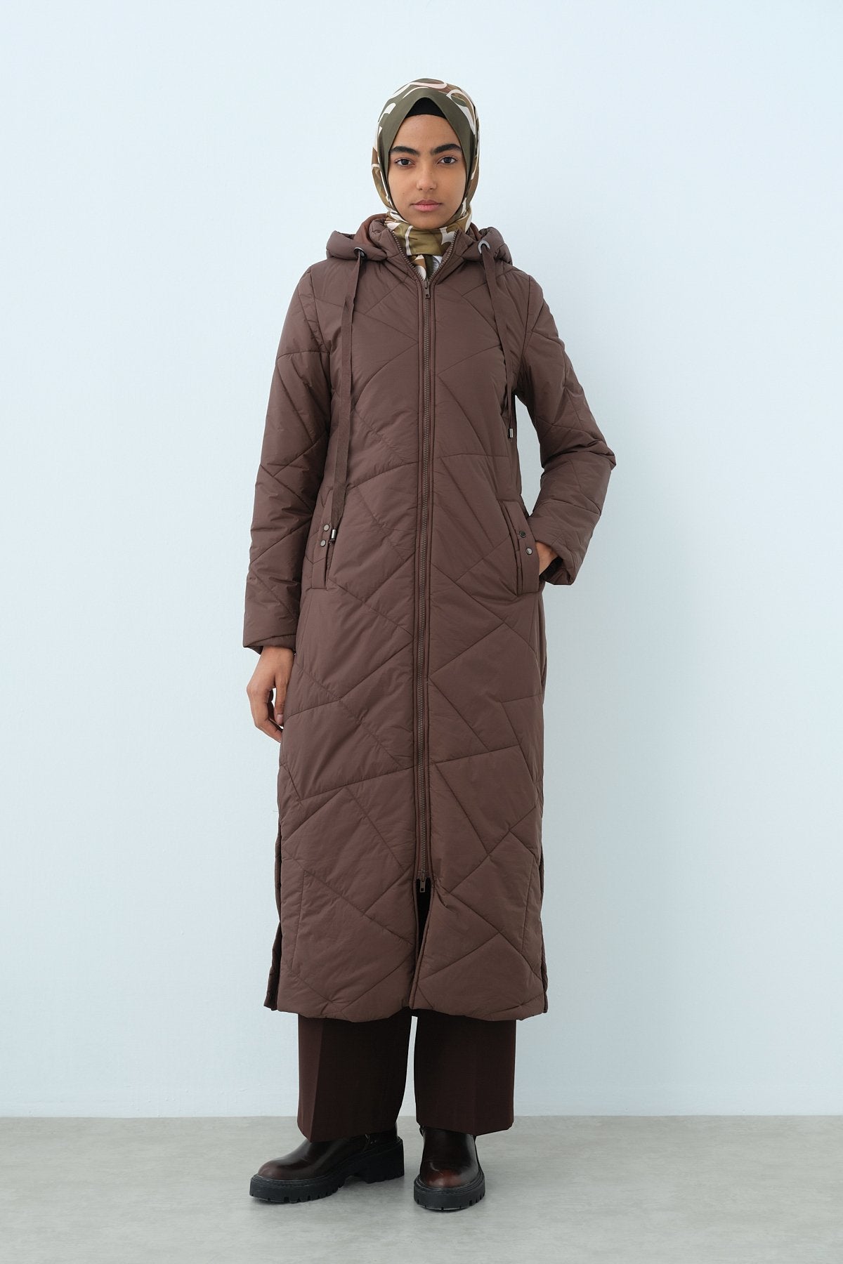 Quilted Coat with Eyelet Detail and Snap Fasteners on the Sides - Coffee