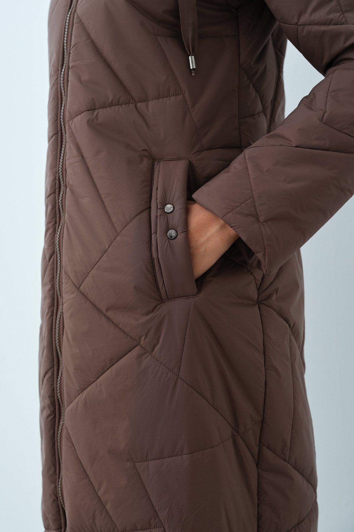 Quilted Coat with Eyelet Detail and Snap Fasteners on the Sides - Coffee