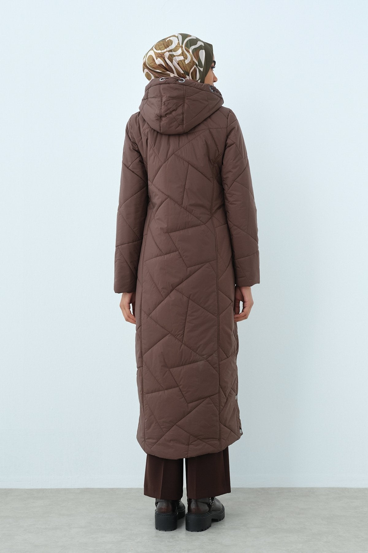 Quilted Coat with Eyelet Detail and Snap Fasteners on the Sides - Coffee