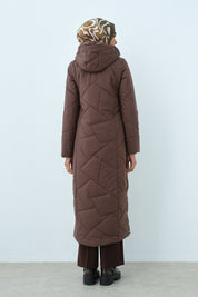 Quilted Coat with Eyelet Detail and Snap Fasteners on the Sides - Coffee