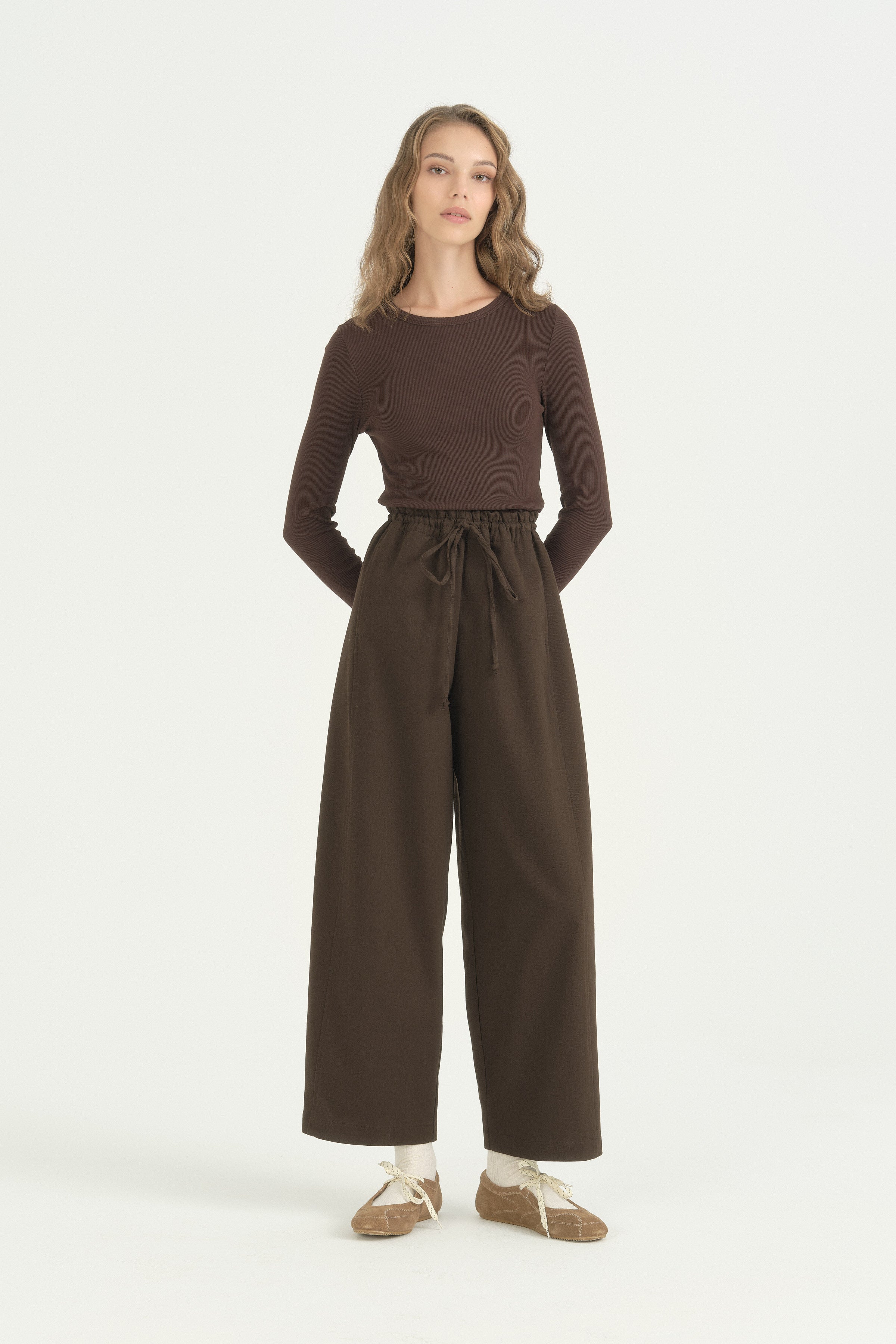 Lastikli Baggy Kanvas Pantolon - Kahve
