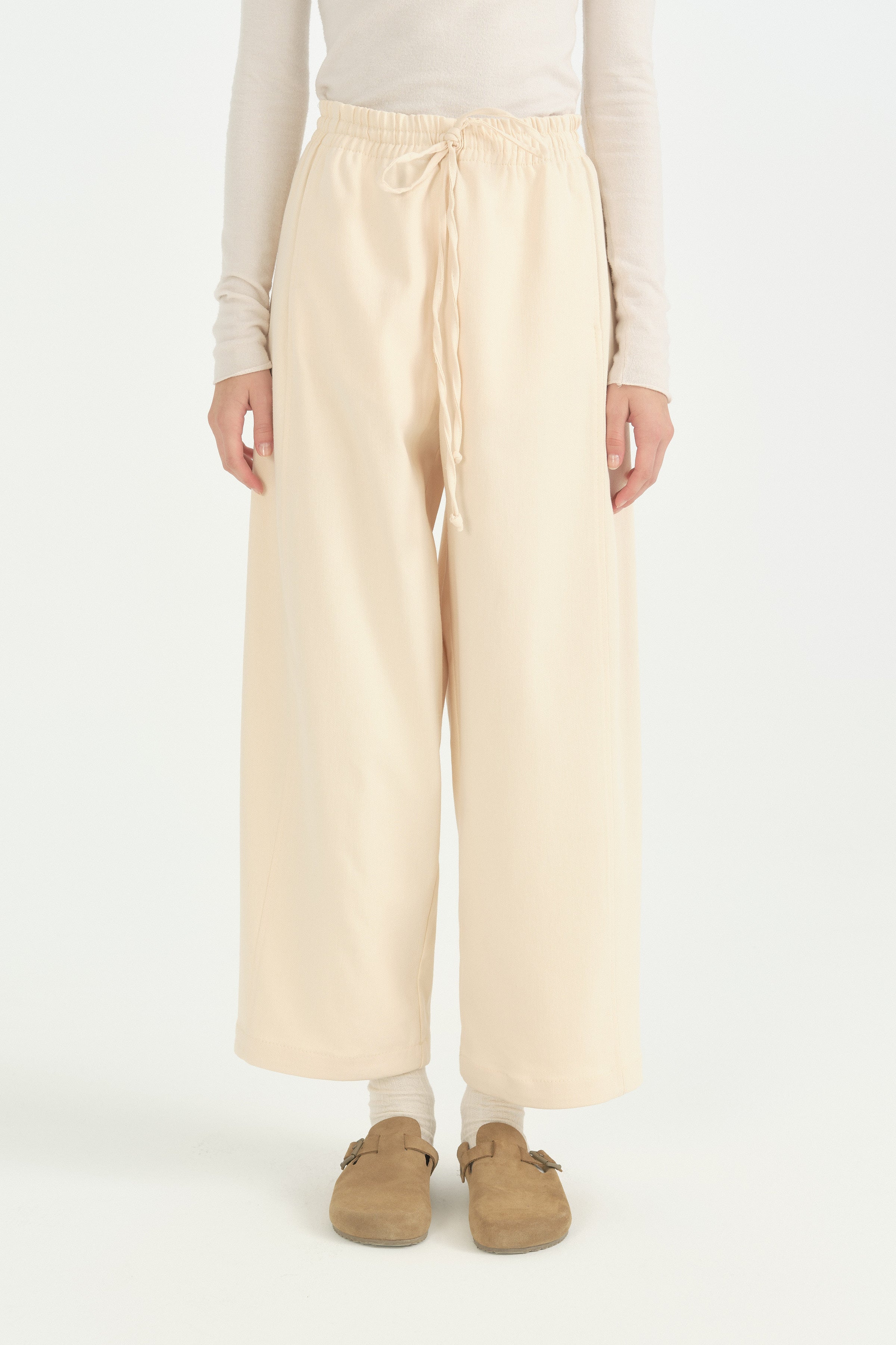 Lastikli Baggy Kanvas Pantolon - Krem