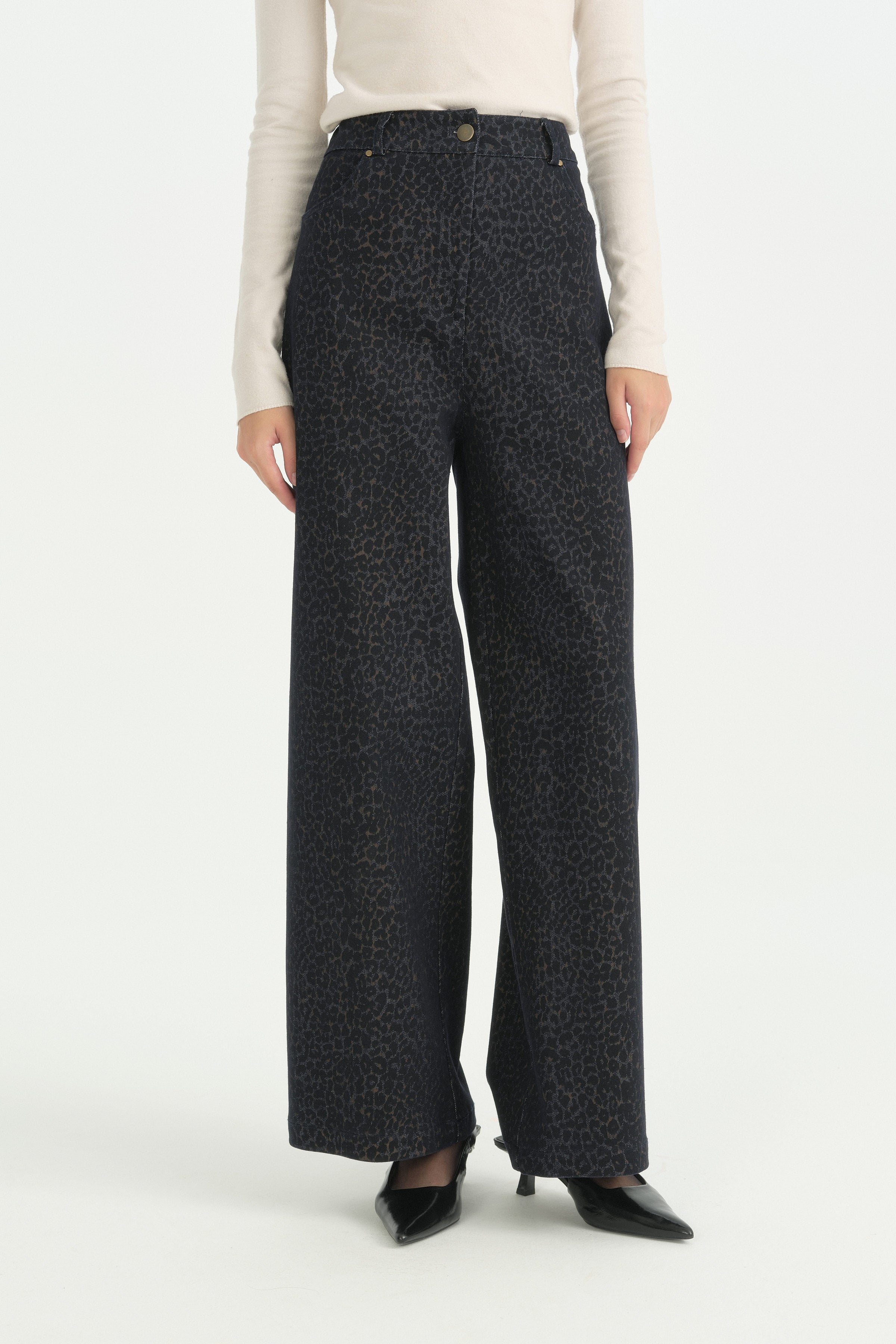 Leopar Baskı Desenli Bol Paça Pantolon - Lacivert