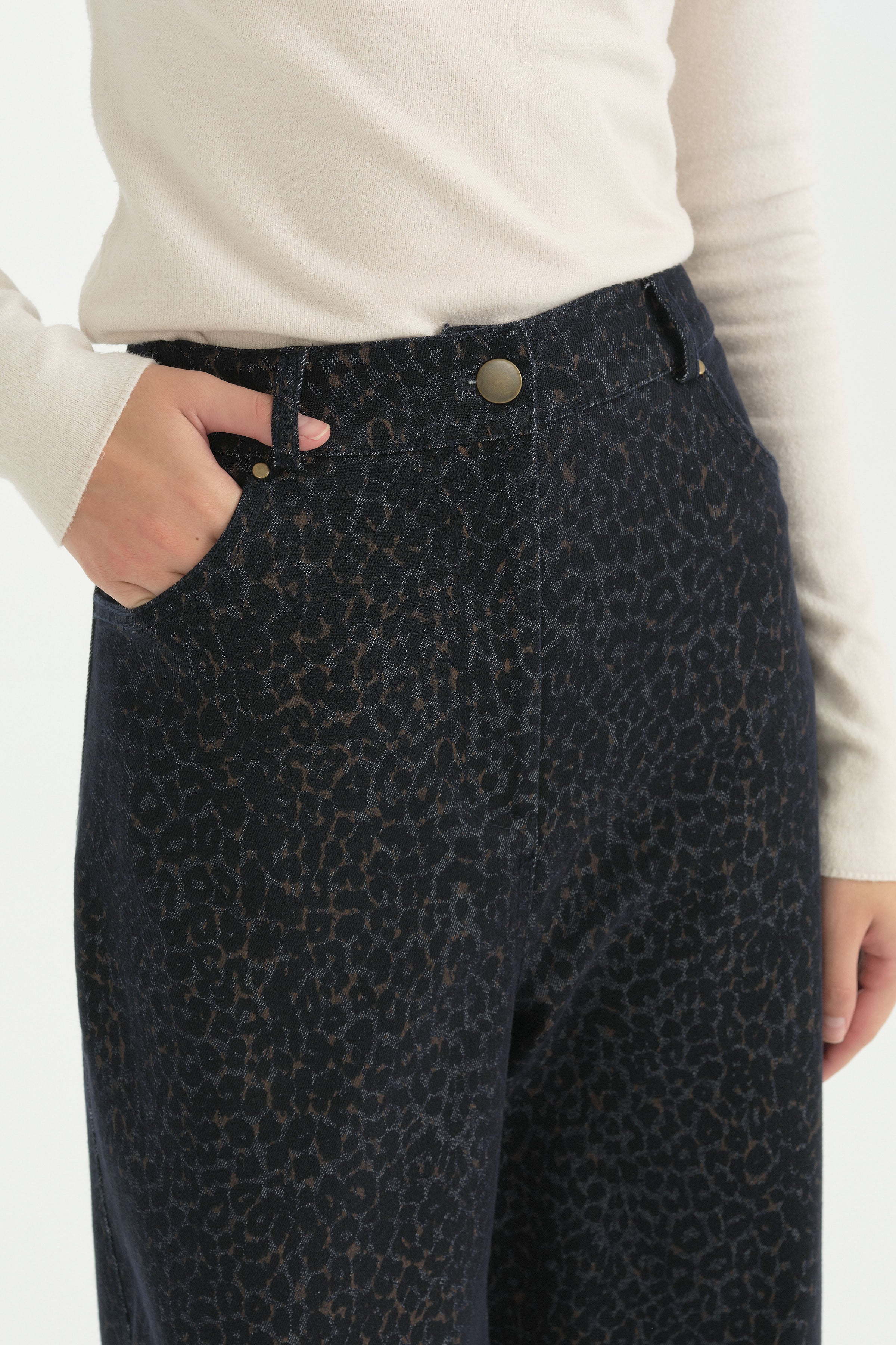 Leopar Baskı Desenli Bol Paça Pantolon - Lacivert