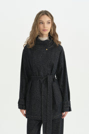 Leopar Desenli Dik Yaka Denim Ceket - Lacivert