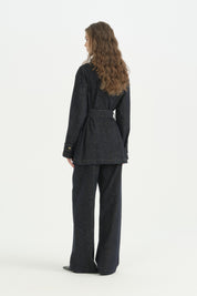 Leopar Desenli Dik Yaka Denim Ceket - Lacivert