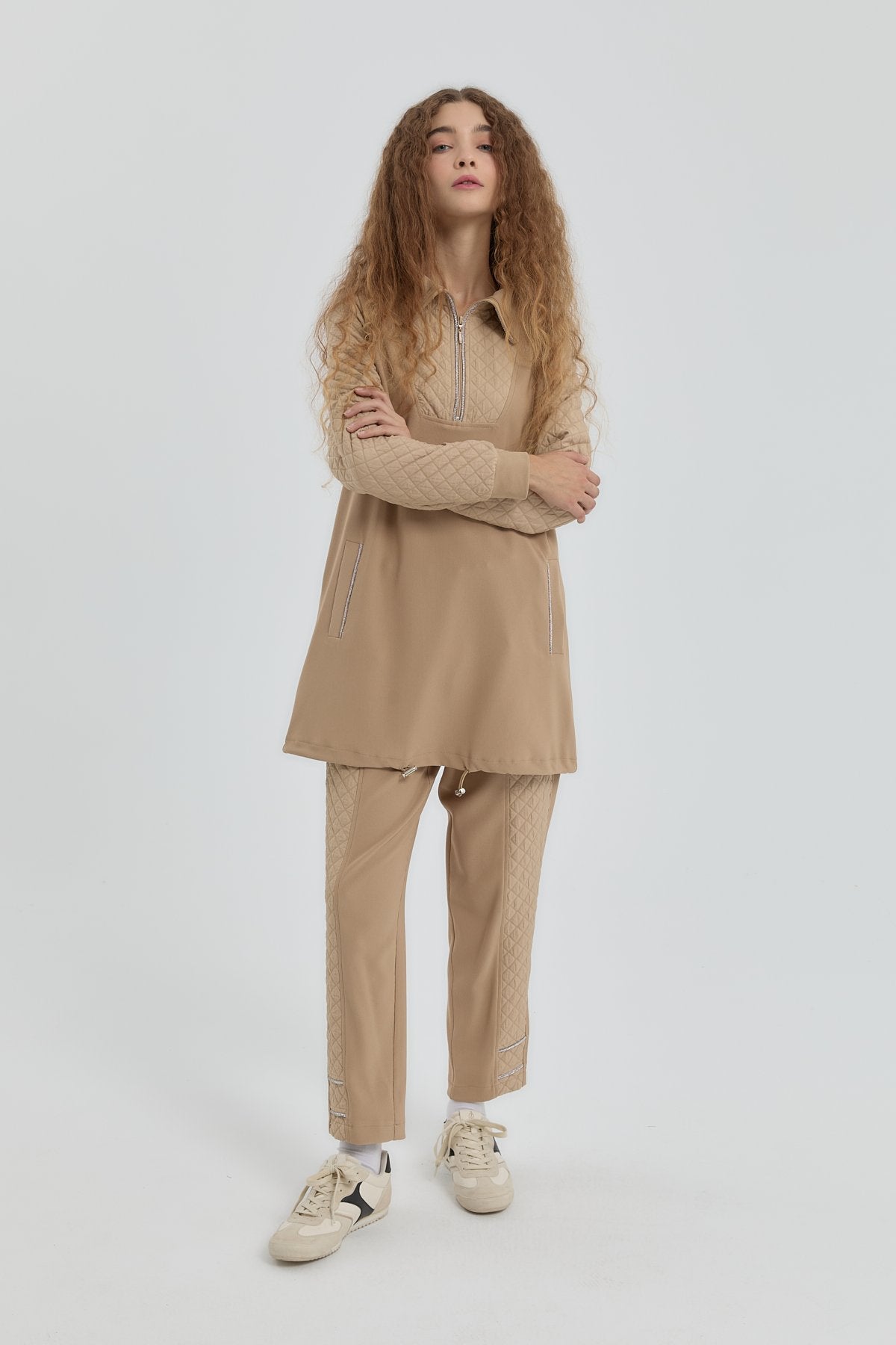 Leopar Jakarlı Örme Pantolon Tunik Takım - Camel