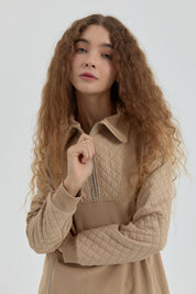 Leopar Jakarlı Örme Pantolon Tunik Takım - Camel