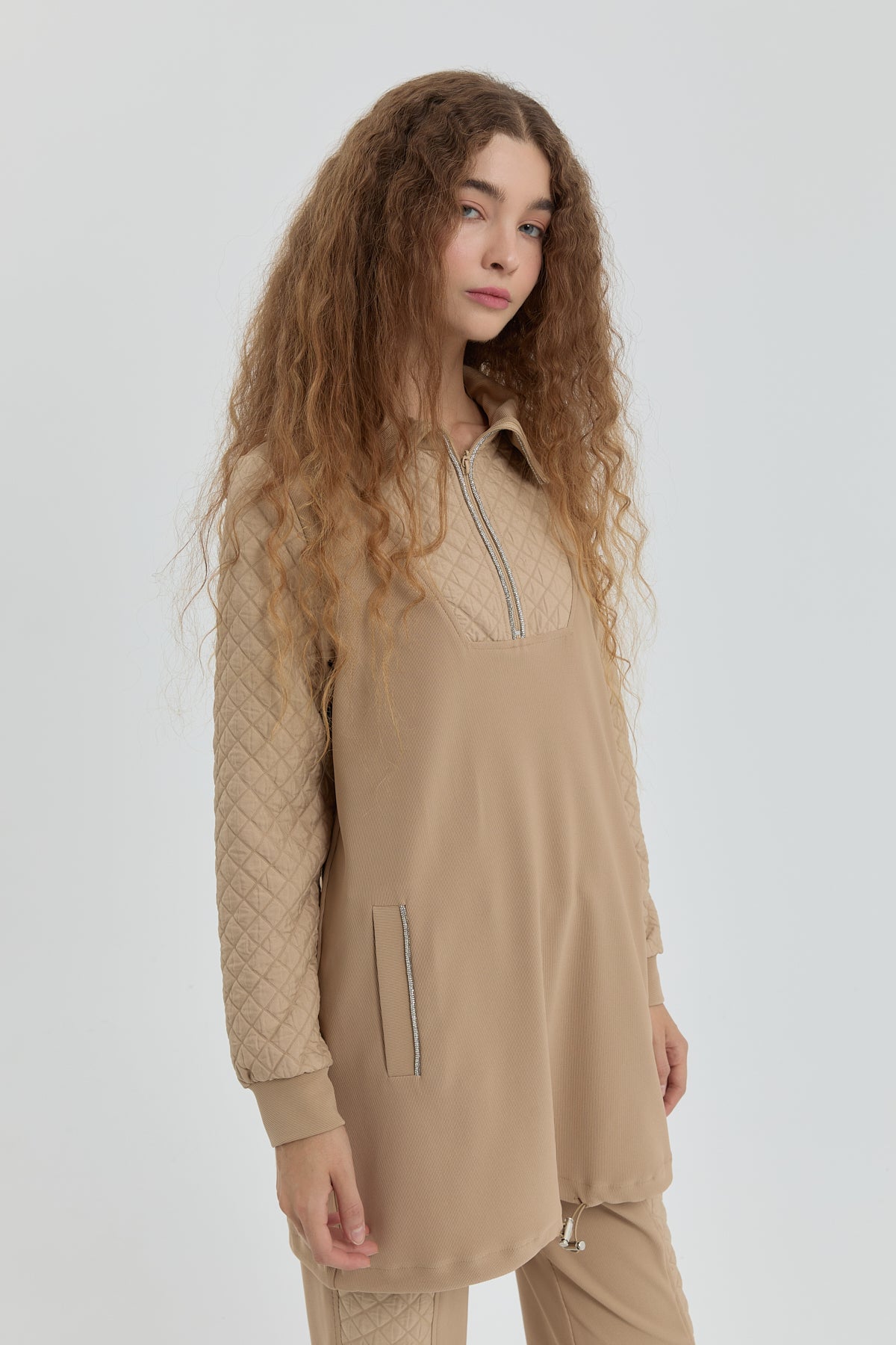 Leopar Jakarlı Örme Pantolon Tunik Takım - Camel
