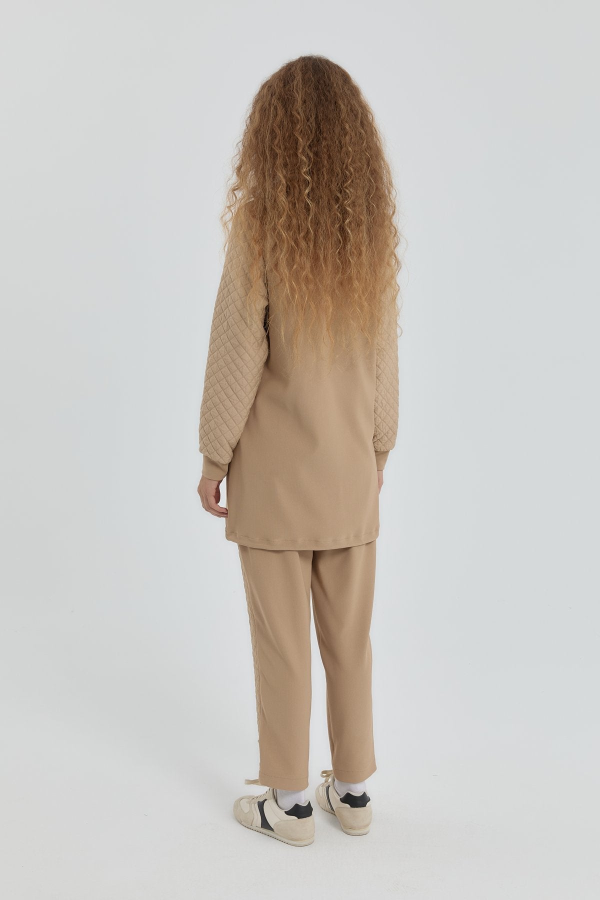 Leopar Jakarlı Örme Pantolon Tunik Takım - Camel