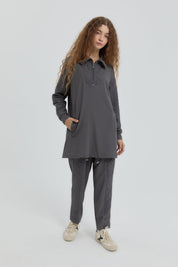 Leopar Jakarlı Örme Pantolon Tunik Takım - Füme