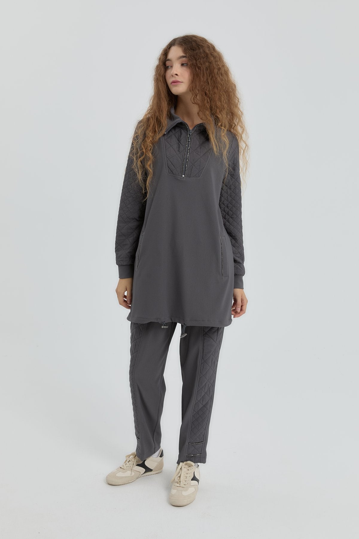 Leopard Print Jacquard Knit Pants and Tunic Set - Dark Gray