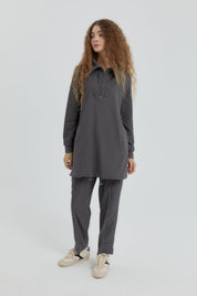 Leopard Print Jacquard Knit Pants and Tunic Set - Dark Gray