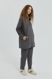 Leopard Print Jacquard Knit Pants and Tunic Set - Dark Gray
