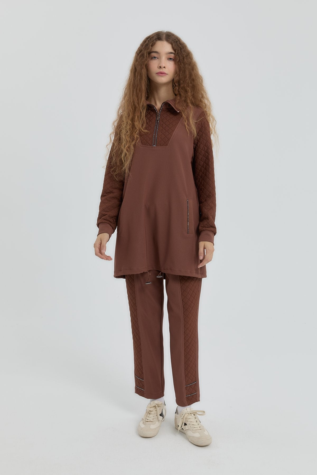 Leopar Jakarlı Örme Pantolon Tunik Takım - Kahve